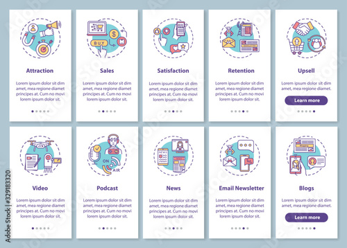 Content marketing campaign onboarding mobile app page screen with concepts set. SMM and CRM models efficiency walkthrough 5 steps graphic instructions. UI vector template with RGB color illustrations