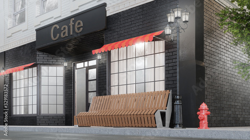 Fototapeta Naklejka Na Ścianę i Meble -  Cafe or coffee shop. Exterior of a building near the road. The view from the street is a bench with a garbage bin, street lights, hydrant and a beautiful tree, 3d illustration