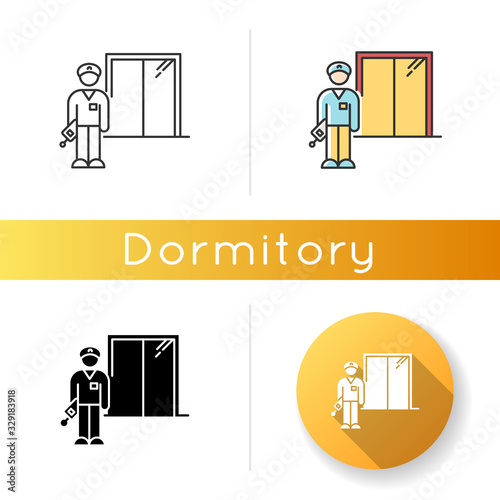 Night dorm watchman icon. College dormitory janitor. Security guard. Hotel security. Warden. Linear black and RGB color styles. Linear, black and RGB color styles. Isolated vector illustrations