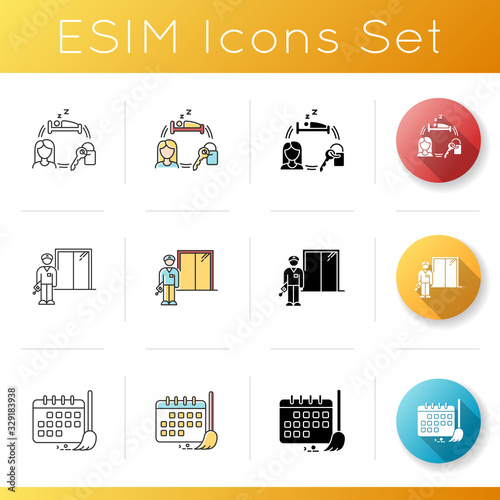 Renting hotel room icons set. Security guard, warden. Living accommodations. Cleaning schedule. Cleanliness control. Linear, black and RGB color styles. Isolated vector illustrations