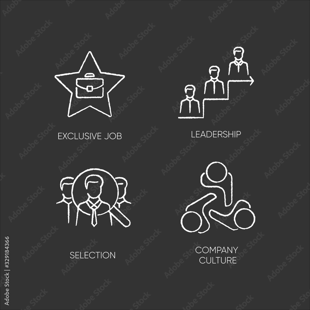 Business employment chalk white icons set on black background. Exclusive job, leadership, selection and company culture. Executive search, recruitment. Isolated vector chalkboard illustrations Business employment chalk white icons set on black background. Exclusive job, leadership, selection and company culture. Executive search, recruitment. Isolated vector chalkboard illustrations