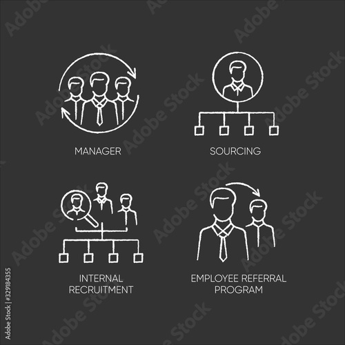 Executive search chalk white icons set on black background. Manager, sourcing, internal recruitment and employee referral program. Staff hiring strategies. Isolated vector chalkboard illustrations