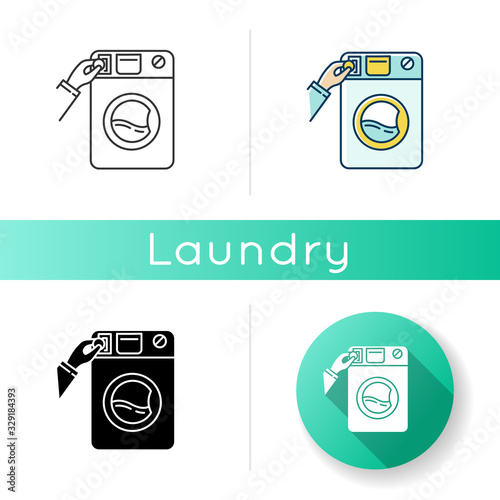Self-service laundry icon. Laundromat, washateria, commercial washer, coin wash service, laundry machine. Housework, chores. Linear black and RGB color styles. Isolated vector illustrations