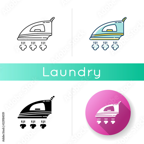 Ironing icon. Laundry service, flatiron, fabric care. Smoothing iron with steam, household appliance, electrical manual machine. Linear black and RGB color styles. Isolated vector illustrations