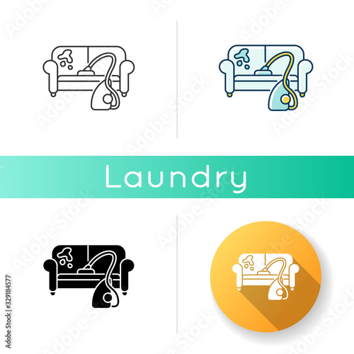 Furniture dry cleaning icon. Sofa professional washing, laundry service. Home furnishing delicate cleaning, stain removing equipment. Linear black and RGB color styles. Isolated vector illustrations