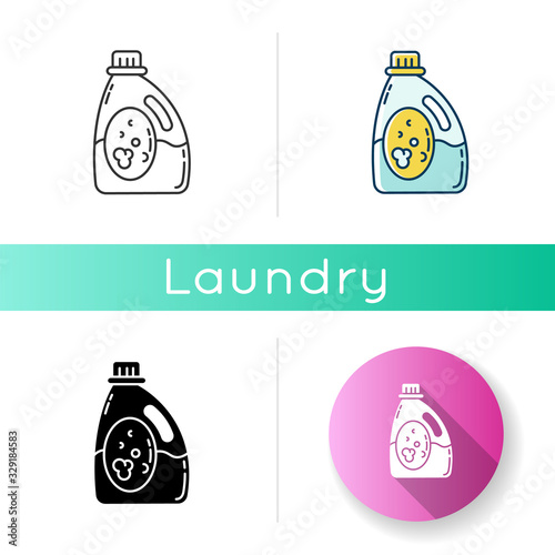 Laundry detergent icon. Cleaning product package, liquid whitener, linen bleach. Chemical substance, clothes cleanser, stain remover. Linear black and RGB color styles. Isolated vector illustrations