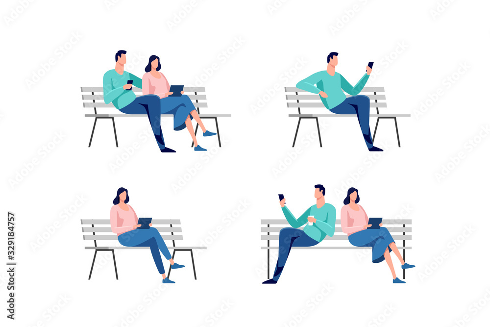 Young man and woman sitting in the city park on the bench. Set of vector illustrations.