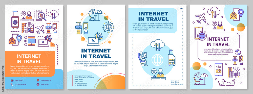 Internet in travel brochure template. Roaming, telecommunication. Flyer, booklet, leaflet print, cover design with linear icons. Vector layouts for magazines, annual reports, advertising posters