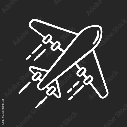 Airplane chalk white icon on black background. Flight with airlines. Take airliner to destination. International journey with plane. Tourism, traveling. Isolated vector chalkboard illustration