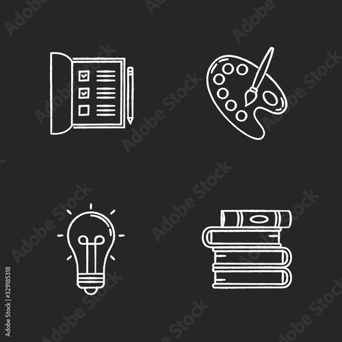 Hobby and work chalk white icons set on black background. Open notebook. Checkboxes in list. Artist palette with paint brush. Stack of books. Creative craft. Isolated vector chalkboard illustrationss