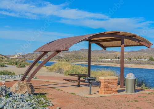 Picnic area over looking the Colorado River in the Lake Mead National Recreation Area, Laughlin, Nevada USA photo