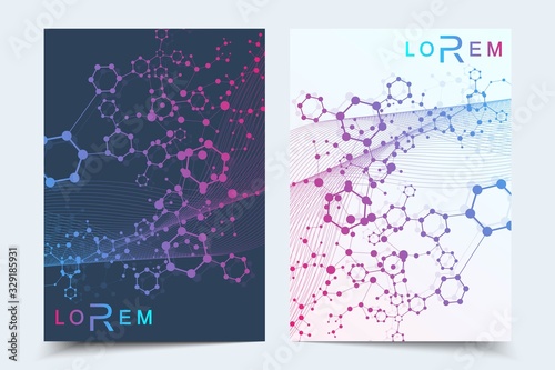 templates for brochure magazine leaflet flyer cover booklet annual report. Modern futuristic hexagonal pattern with particle, molecule structure for medical, technology, chemistry, science.