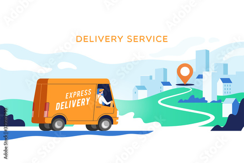 Express delivery truck with man is carrying parcels on points. Concept online map, tracking, service. Vector illustration. photo