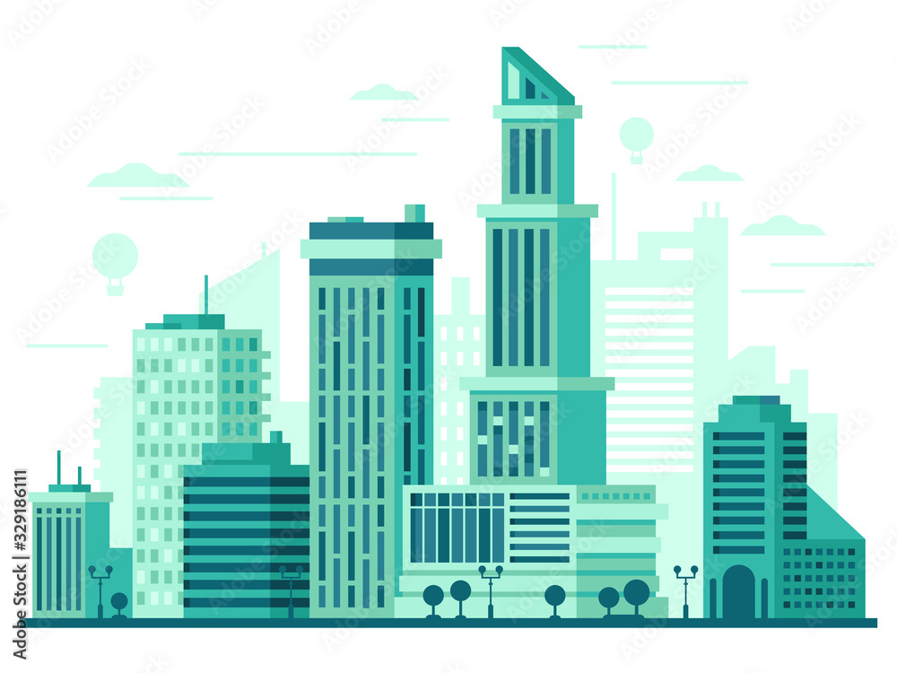 City skyscrapers view. Downtown buildings panorama, big city houses and skyline city office buildings. Urban landscape modern big city vector isolated illustration