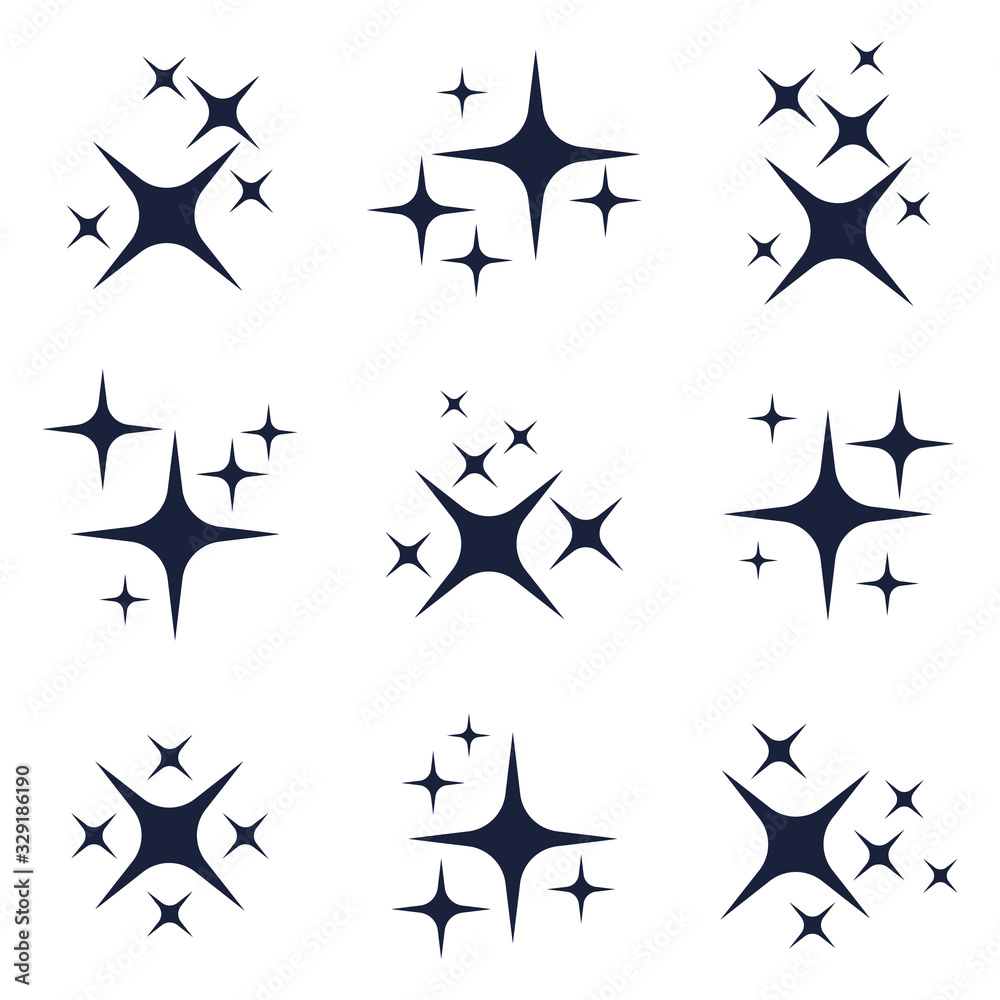 Sparkling stars. Shining flashes of lights, abstract flares, bright glares isolated vector flat illustration set Sparkling stars. Shining flashes of lights, abstract flares, bright glares isolated vector flat illustration set