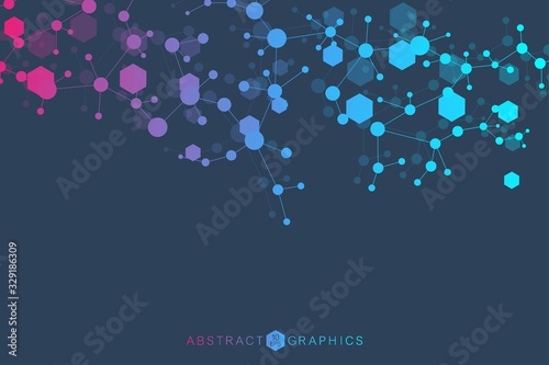 Science network pattern, connecting lines and dots. Technology hexagons structure or molecular connect elements.