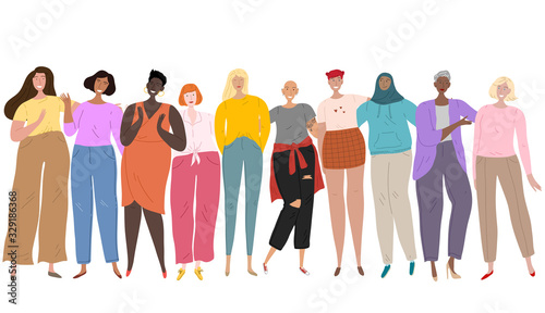 Goup of different ethnicity and cultures women standing together. Womens collective, friendship, union