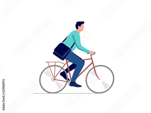 Man with bag, riding city bicycle. Vector illustration.