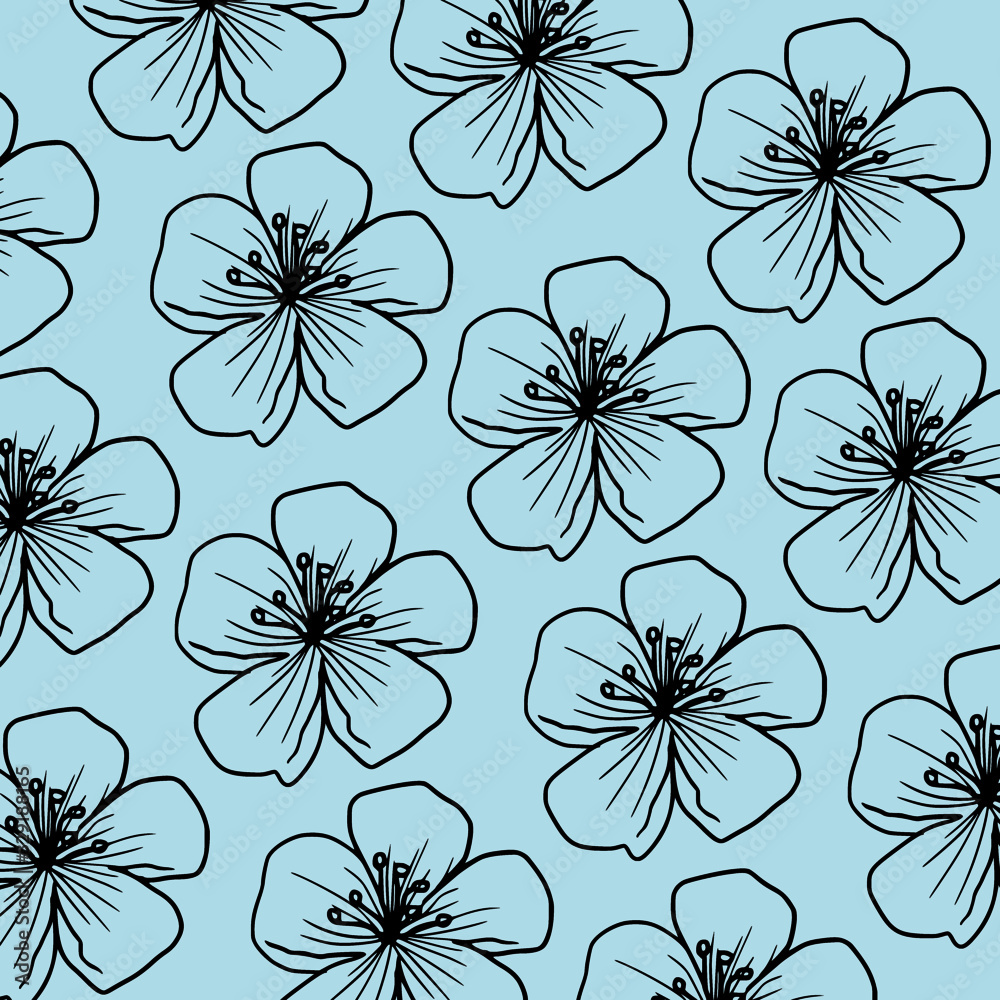 Cherry blossom cyan blue pattern blooming spring flowers floral botanical background illustration for card design Cherry blossom cyan blue pattern blooming spring flowers floral botanical background illustration for card design