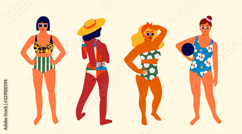 Set of four Hand drawn beautiful ladies. Women posing in bright and colored swimsuits. Young Women Enjoying Summer on the beach. Sunbathing. Colored Vector illustration. Cartoon style. Flat design