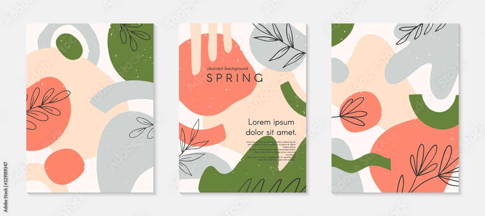 Set of spring vector collages with hand drawn organic shapes and textures in pastel colors.Trendy contemporary design perfect for prints,flyers,banners,invitations,branding design,covers and more
