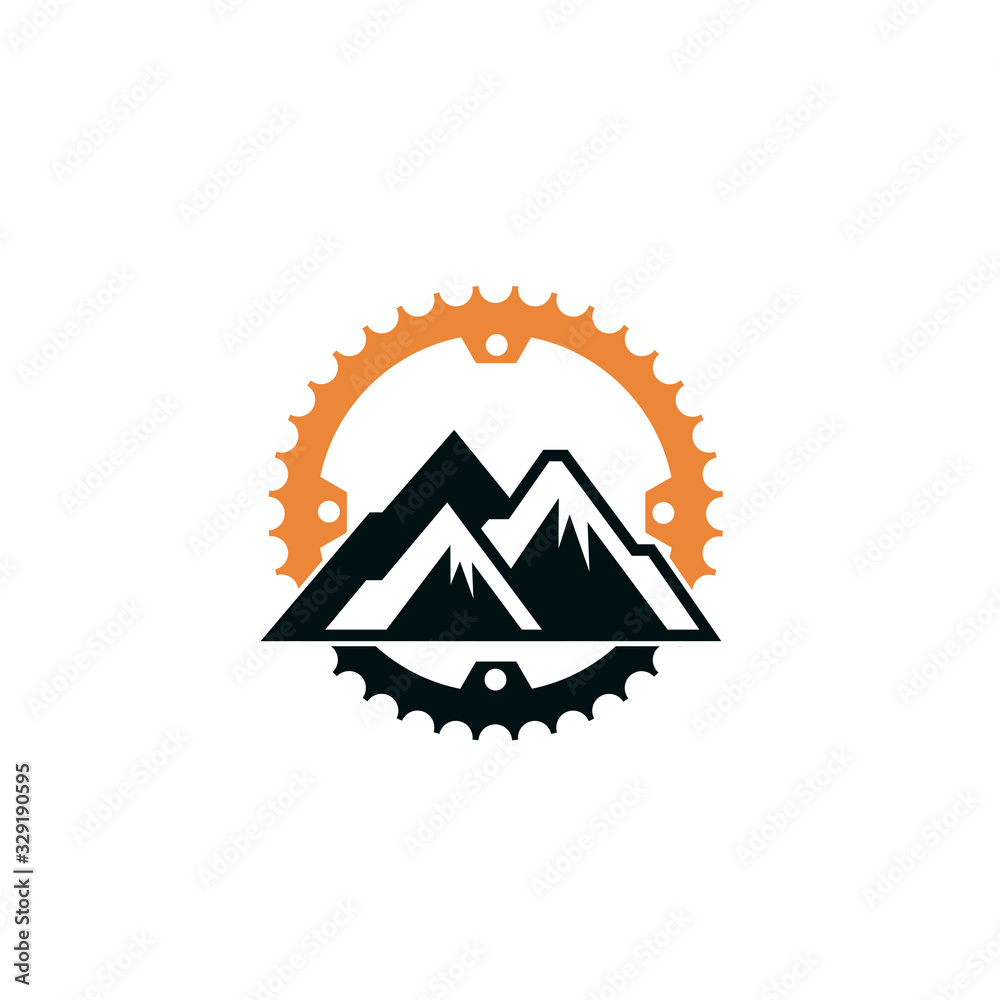 emblem of mountain bike and gear isolated on white background
