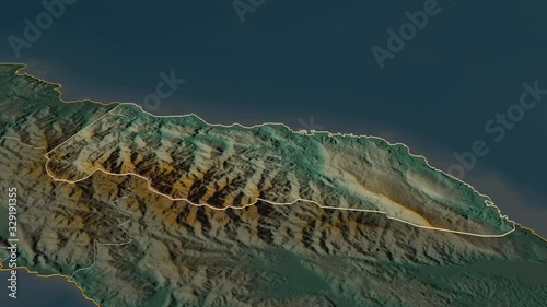 Portland, parish with its capital, zoomed and extruded on the relief map of Jamaica in the conformal Stereographic projection. Animation 3D