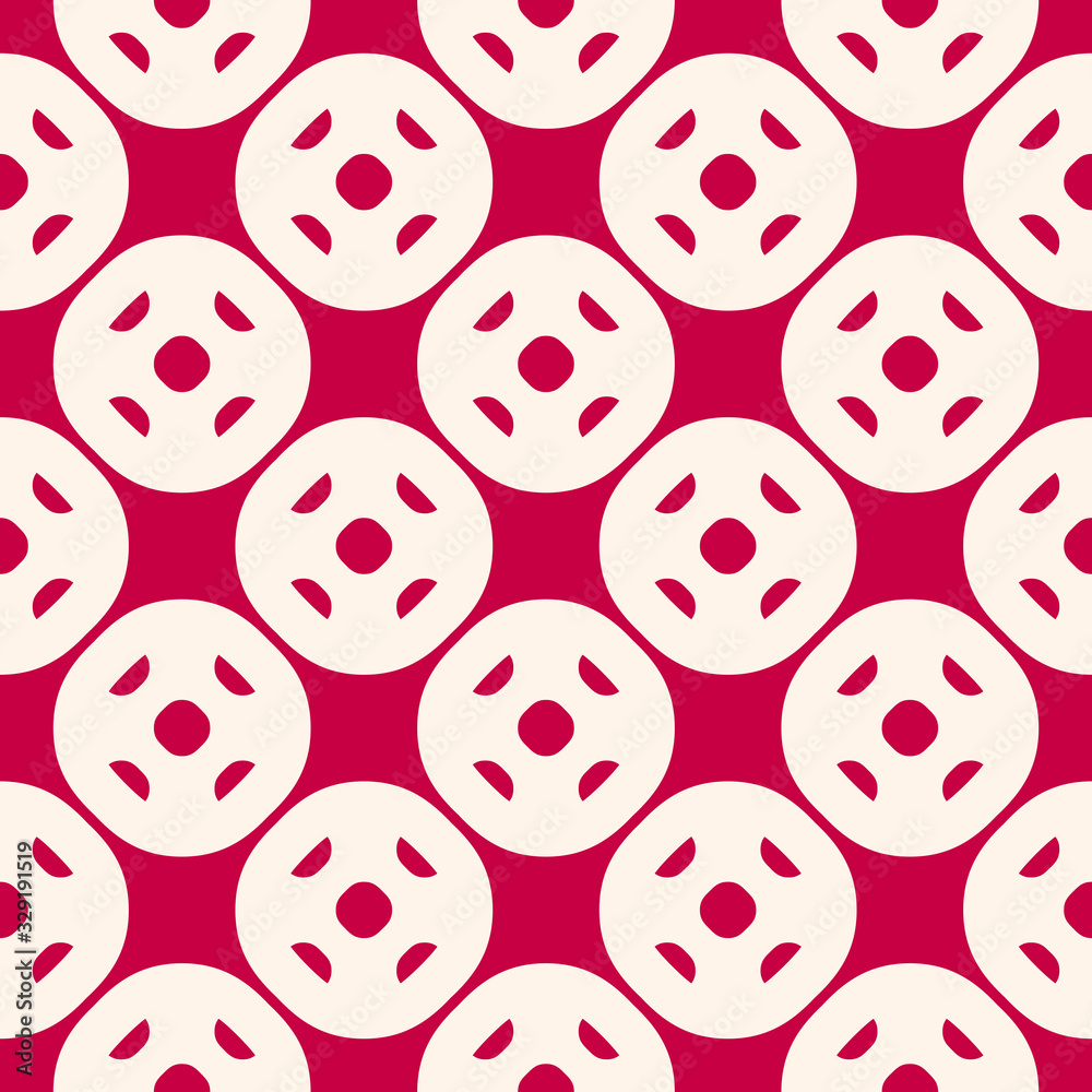 Fototapeta premium Funky vector seamless pattern in red and beige colors. Holiday festive abstract geometric ornament with big circular shapes. Retro fashion style design for decoration, fabric, prints, cloth, textile