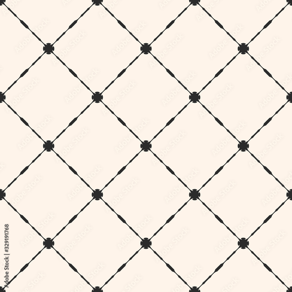 Fototapeta premium Vector grid seamless pattern. Abstract geometric texture with thin square lattice, carved shapes, diagonal lines. Elegant monochrome vintage background, repeat tiles. Design for decor, textile, fabric
