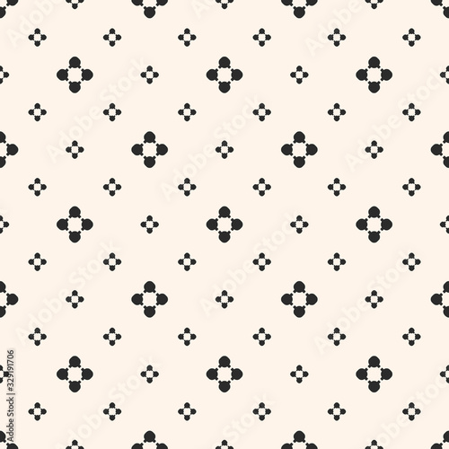 Simple floral texture, vintage geometric pattern with small flower silhouettes. Vector abstract monochrome background. Black shapes on beige backdrop. Repeat design for decor, wrapping, paper, covers