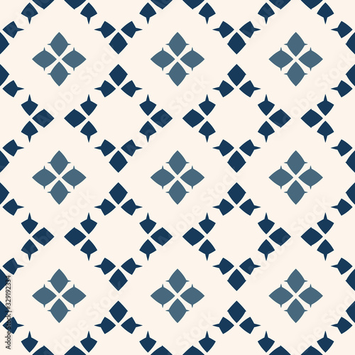 Vector geometric seamless pattern. Traditional folk ornament. Texture with rhombuses, flower silhouettes, diamonds. National ethnic motif. Teal, deep blue and white colors. Repeat background design