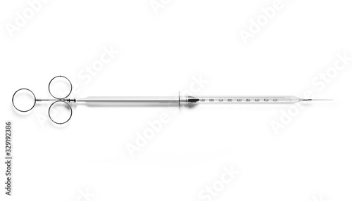 Syringe with hypodermic needle isolated on white background. Vintage Euro Syringe. 3d Rendering.