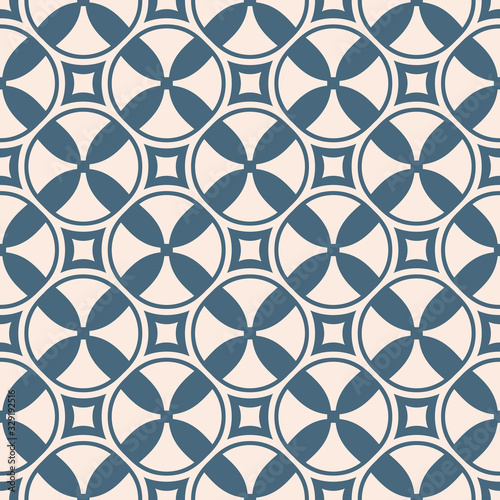 Funky geometric seamless pattern with crosses, circles, squares, propellers. Abstract blue and pale pink background. Simple colorful vector texture. Repeating design for decor, print, package, textile