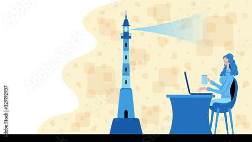 Business woman working for guide with a lighthouse icon
