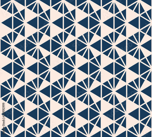 Triangle seamless pattern. Vector abstract geometric texture. Deep blue and beige color. Simple modern graphic background with small triangles, diamond shapes, grid, net. Stylish minimal repeat design
