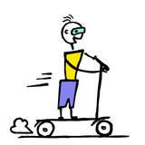 Happy electric scooter rider in goggles hand drawn concept. Green power illustration.