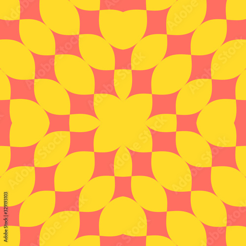 Colorful abstract geometric seamless pattern. Vector texture with curved shapes, petals, leaves, mesh, grid. Minimal background in yellow and coral color. Repeated design for decor, covers, textile