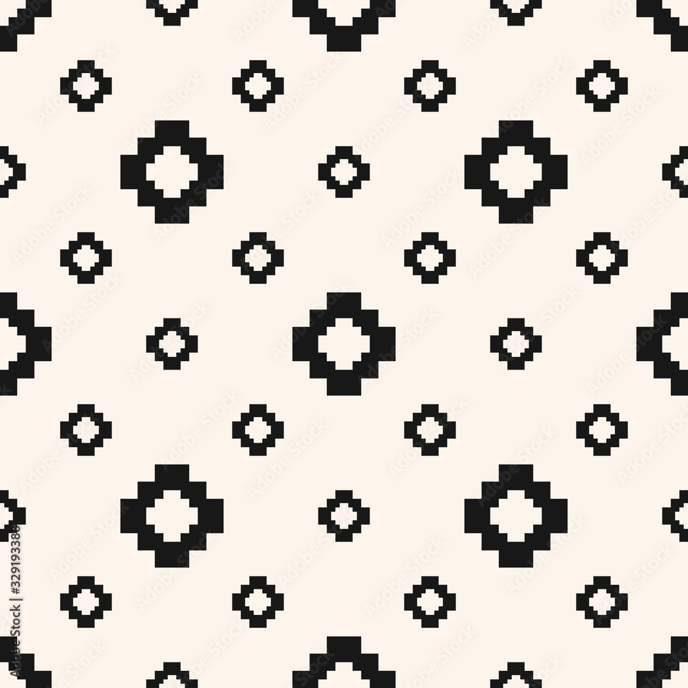Vector minimalist floral geometric seamless pattern. Simple black and white repeat texture with small crosses, squares, flower silhouettes. Pixel art background. Ethnic folk motif. Monochrome design Vector minimalist floral geometric seamless pattern. Simple black and white repeat texture with small crosses, squares, flower silhouettes. Pixel art background. Ethnic folk motif. Monochrome design