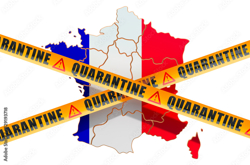 Quarantine in France concept. French map with caution barrier tapes, 3D rendering
