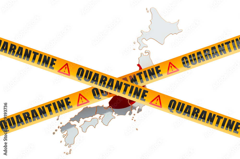 Quarantine in Japan concept. Japanese map with caution barrier tapes, 3D rendering