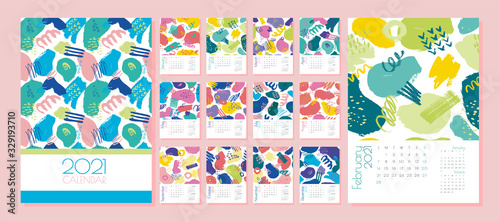 vector calendar for 2021. Editable and printable template with bright abstract elements: paint strokes, stripes, spots, dots. Planner. Set of 12 vertical sheets and a cover.