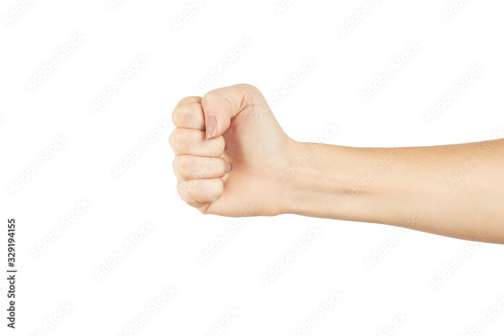caucasian female person showing fist gesture. isolated on a white background. gesturing concept. caucasian female person showing fist gesture. isolated on a white background. gesturing concept.