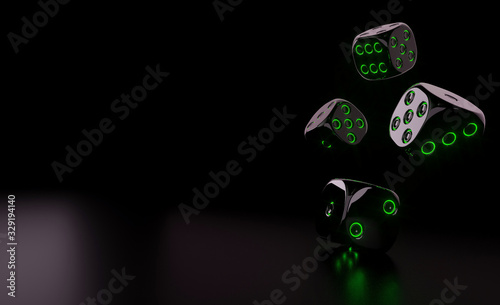 Foto Futuristic Black Dices With Glowing Green Neon Lights - 3D Illustration
