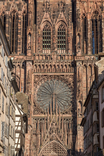 Ornate facade detail of Notre Dame de Strasbourg Cathedral, France