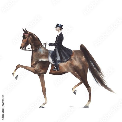 Horse dressage competition equestrian sport watercolor painting illustration isolated on white background