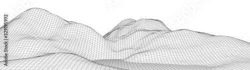 Vector wireframe 3d landscape. Technology grid illustration. Network of connected dots and lines. Futuristic background.