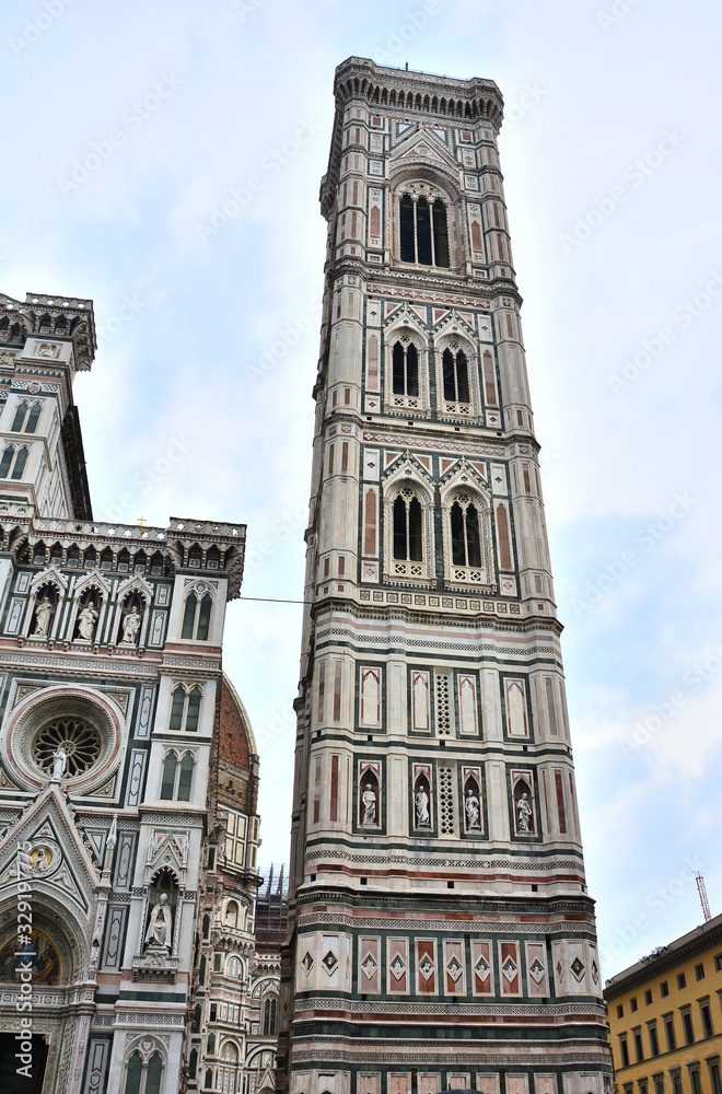 Companile di Giotto, Bell Tower on Piazza del Duomo in Florence, Italy;.front marble facade