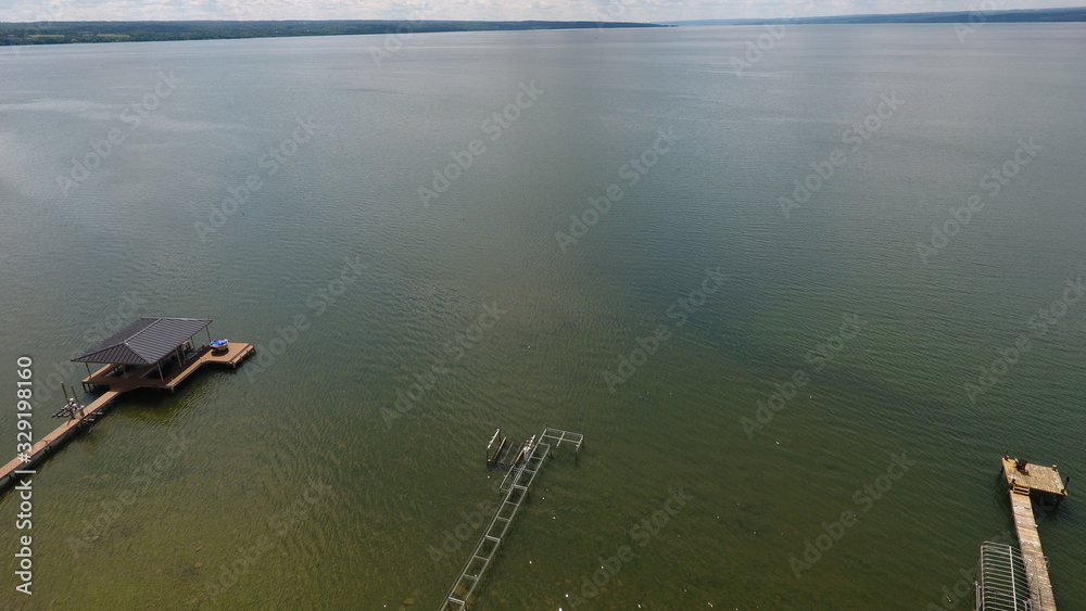 Aerial view of docks on lake