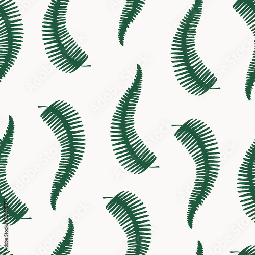 Botanical illustration of fern leaves. Exotic fern leaves silhouettes in green colours. Simple hand drawn seamless pattern. 