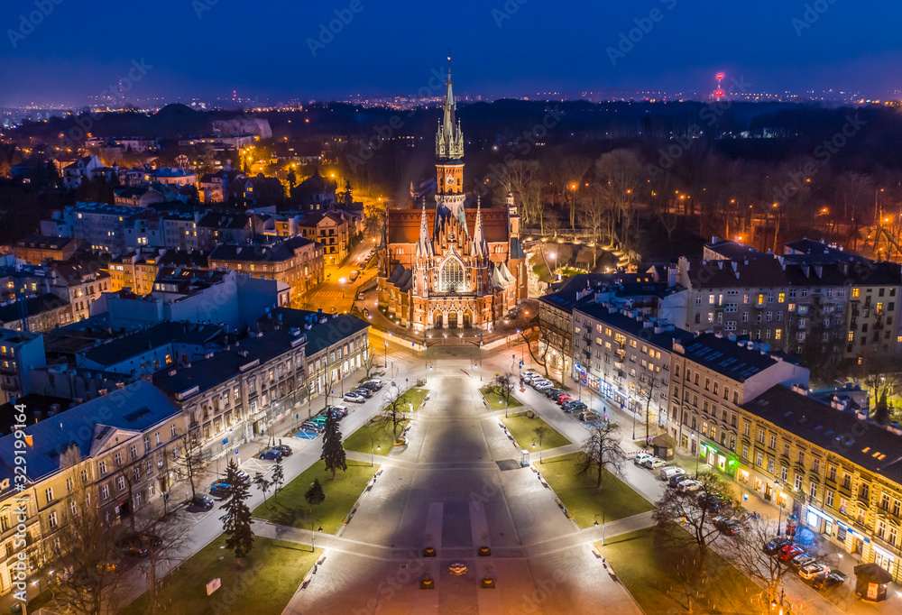 Aerial view of Podgórski Square with St. Joseph's Church in Cracow, Poland